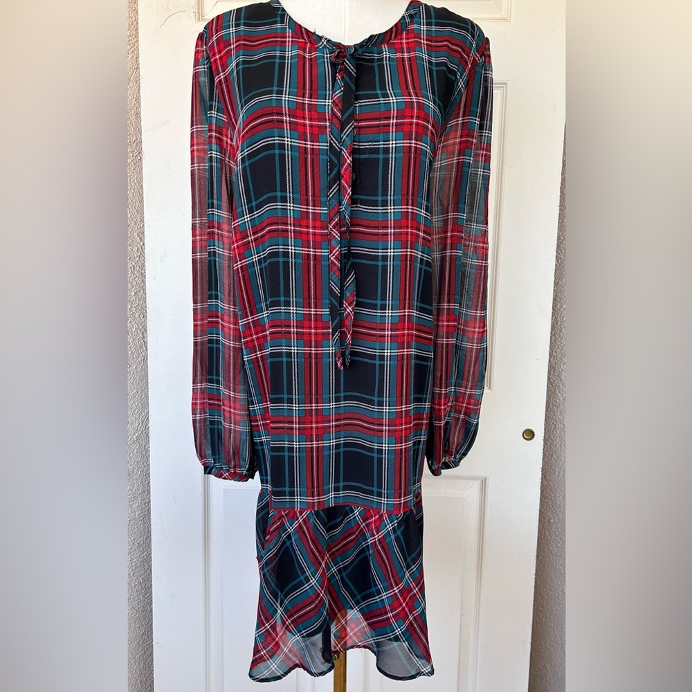 Draper James Tartan Plaid Tie Neck Flounce Drop Waist Dress‎ Size XXL